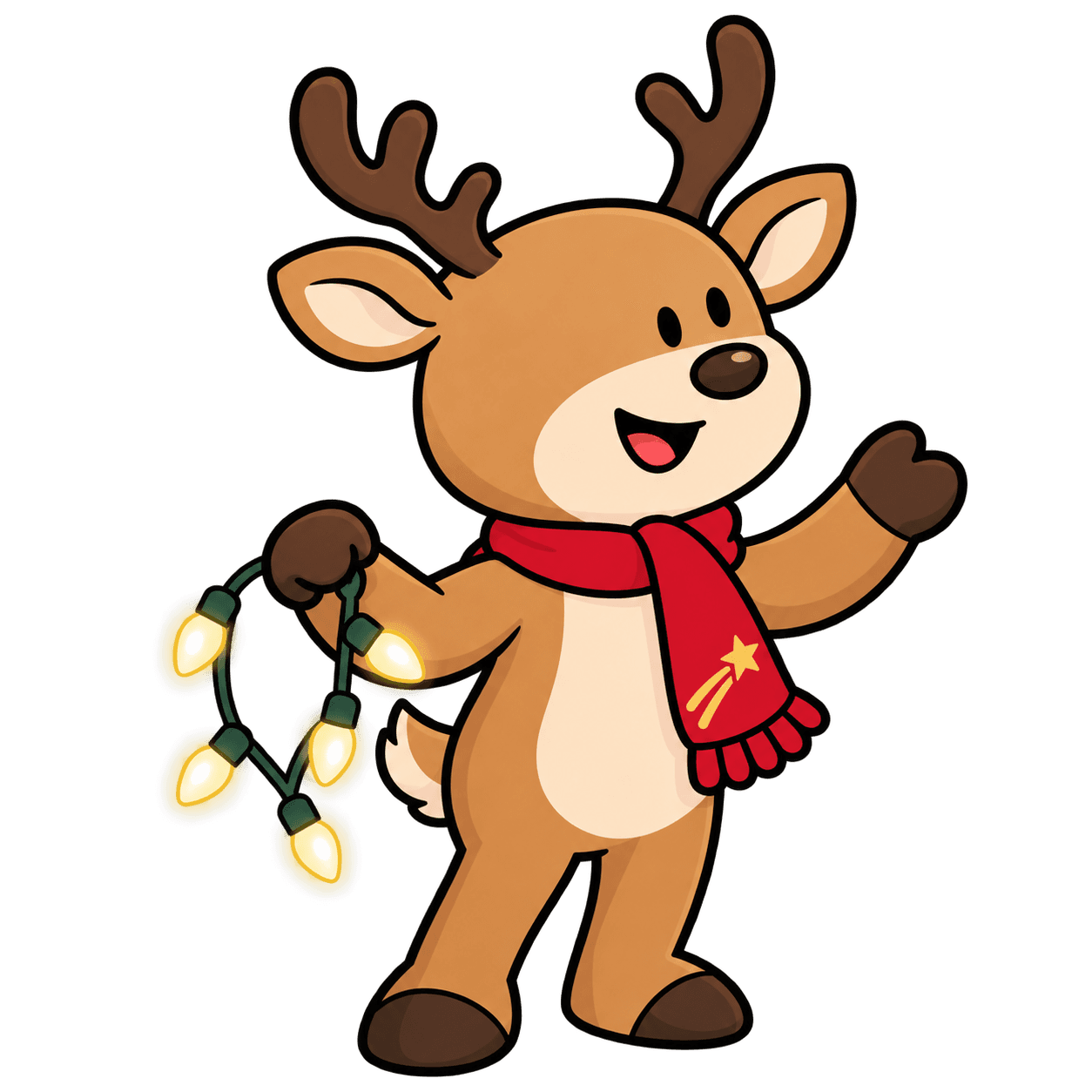 Comet, our reindeer mascot, waving and holding a string of glowing C9 lights