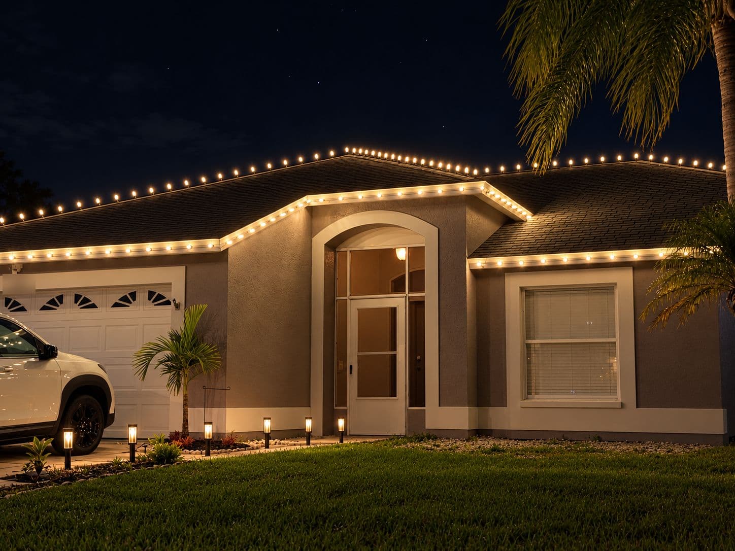 A home at night with C9 lights along the roofline, ridge and arched entry, beside a palm tree